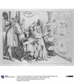 Winfreda, von Golo gedungen, zeigt dem Ritter Siegfried den Treubruch seiner Gattin in einem Zauberspiegel. Blatt 8 zu "Bilder zu Tiecks Genovefa von J. Führich"