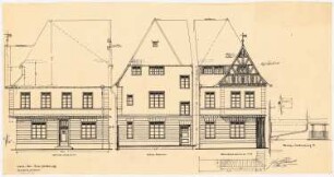 Fassaden der nach dem Brand am 17. Juni 1915 wiederaufgebauten Häuser, Duderstadt: Aufriss: Ansicht von beiden Straßen und Rückansicht 1:50; Details 1:10: Vordach und Gesims