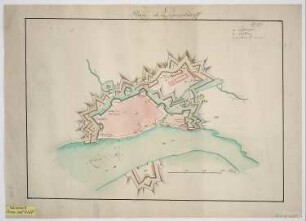 Festungsplan von Düsseldorf, 1:6 500, colorierte Handzeichnung, um 1750? : Plan de Dusseldorff. - [Ca. 1:6 500]. - [S.l.] , [um 1750?]. - 1 Kt. : kol. Handzeichng. ; 44 x 31 cm Maßstab in graph. Form (Toises)