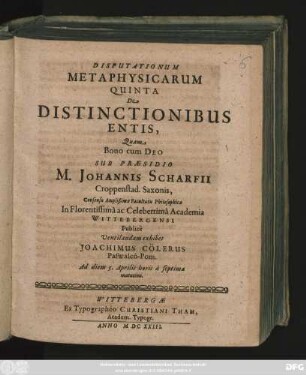 Disputationum Metaphysicarum Quinta De Distinctionibus Entis,