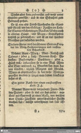 Ein bewährter und berühmter Getranck wider die Miltz-Beschwerungen und reissenden Scharbock