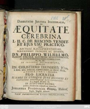 Dissertatio Juridica Inauguralis, De Æquitate Cerebrina L. II. C. De Rescind. Vendit. Et Ejus Usu Practico