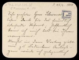 Brief von Anna Plothow an Wilhelm Schwaner