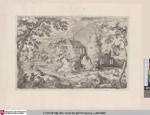 [Hirschjagd im Sumpf vor einer Kirche und einem Turm; Deer hunt in a swamp before chapel and tower]