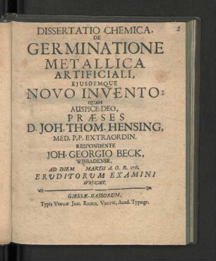 Dissertatio Chemica, De Germinatione Metallica Artificiali : Ejusdemque Novo Invento