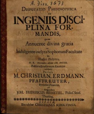 Disputatio Philosophica De Ingeniis Disciplina Formandis