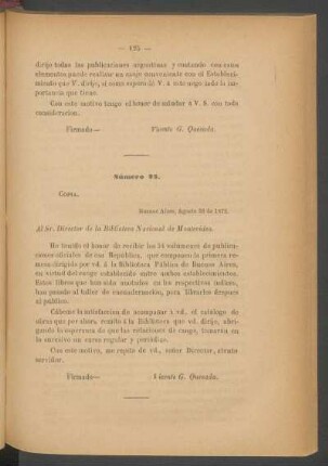Número 23. : [Carta al Sr. Director de la Biblioteca Nacional de Montevideo, Buenos Aires, Agosto 26 de 1872.]