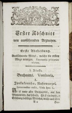Erster Abschnitt von ausführenden Arztneyen.