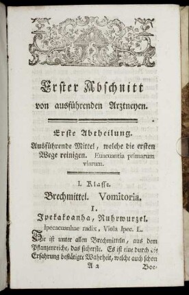 Erster Abschnitt von ausführenden Arztneyen.