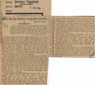 Artikel "Wie ich als Spion verhaftet wurde", Berliner Tageblatt (08.08.1914).