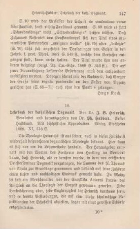 147-148 [Rezension] Heinrich, J. B., Lehrbuch der katholischen Dogmatik; 1. Halbband
