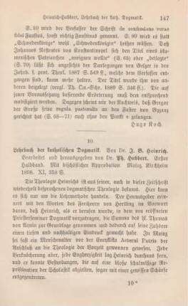 147-148 [Rezension] Heinrich, J. B., Lehrbuch der katholischen Dogmatik; 1. Halbband