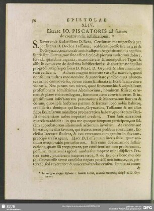 XLIV. Literae Jo. Piscatoris ad fratres de controversia iustificationis