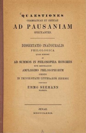 Quaestiones grammaticae et criticae ad Pausaniam spectantes