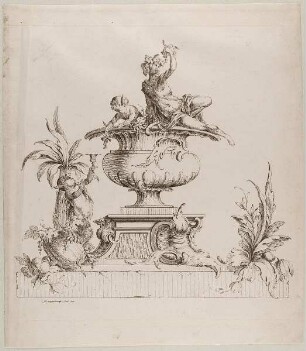 Vase auf Sockelaufsatz, dabei Bacchus und Satyrknaben