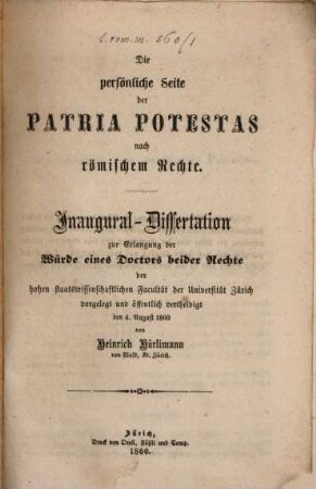 Die persönliche Seite der patria potestas nach römischen Rechte : Inaugural-Dissertation