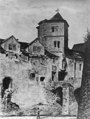 Halle (Saale), Moritzburg, Graben und Torturm, von Südwesten (Aquarell); Albert Grell