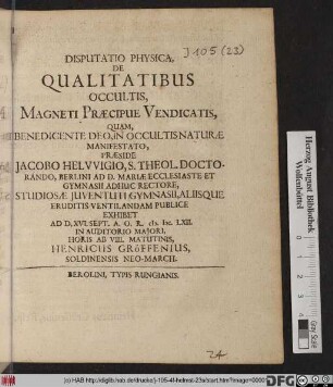 Disputatio Physica, De Qualitatibus Occultis, Magneti Praecipue Vendicatis