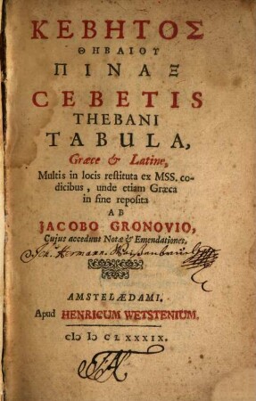Kebētos Thēbaiu Pinax : Graece et Latine = Cebetis Thebani Tabula