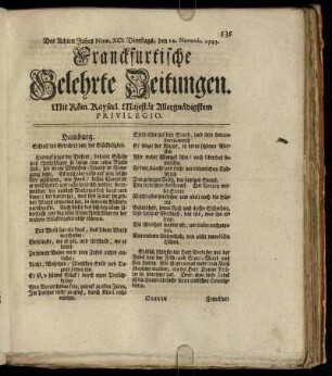 Num. XCI. Dienstags, den 12. Novemb. 1743 - Num. C. Freytags, den 13. Decemb. 1743