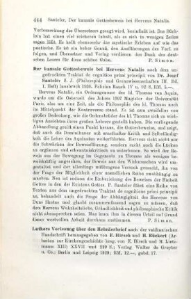 444 [Rezension] Santeler, Josef, Der kausale Gottesbeweis bei Herveus Natalis