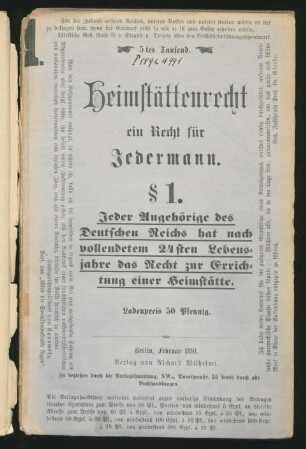 Heimstättenrecht, ein Recht für Jedermann ...