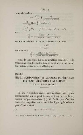 [O5 b] Sur le développement de l'équation différentielle des lignes géodésiques d'une surface.