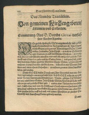 Das Neundte Tractätlein. Von gemeinen Kirchengebeten/ Litanien und Collecten.