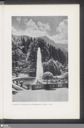 3. Linderhof. Hauptbassin mit Springbrunnen, dahinter Linde
