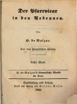 H. de Balzac's sämmtliche Werke, 56. Der Pfarrvicar in den Ardennen ; 56,1