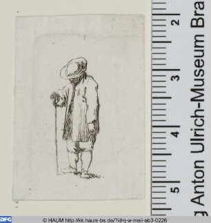 Kleiner Mann mit gesenktem Kopf, Gehstock und Hut