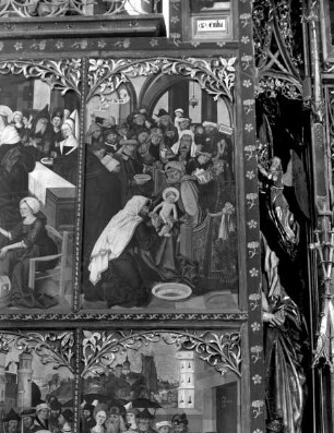 Altar in erster Öffnung — Szenen aus dem Leben Johannes des Täufers — Linker Innenflügel: Vier Szenen aus dem Leben des Heiligen — Die Beschneidung des Johannes