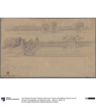 Potsdam-Sanssouci. Schloss Charlottenhof. Bassin vor der Terrasse mit liegender und sitzender Quellnymphe. Ansicht