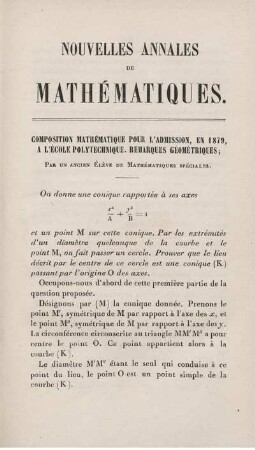 Composition mathématique pour l'admission, en 1879, a l'École Polytechnique. Remarques géométriques.