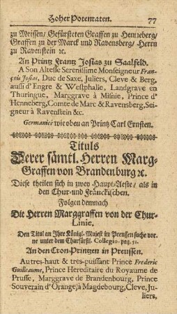 Tituls Derer Sämtl. Herren Marg-Graffen von Brandenburg [et]c.