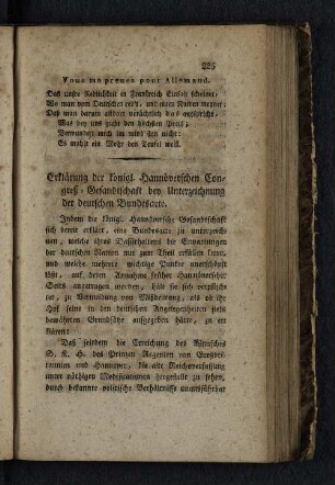 Erklärung der königl. Hannöverschen Congreß-Gesandtschaft bey Unterzeichnung der deutschen Bundesacte.