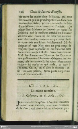 Lettre XL. La même au même. A Grignan, le 6. Août, 1695