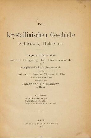 Die Krystallinischen Geschiebe Schleswig-Holsteins : Diss. inaug. (Kiel)