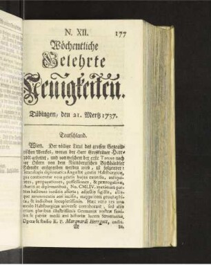N. XII. Tübingen, den 21. Mertz 1737