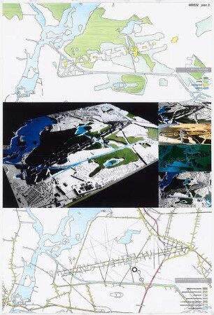 Entwicklung einer Stadterweiterung auf dem Gelände des ehemaligen Flughafens Berlin-Tegel Schinkelwettbewerb 2000: Verkehrs- und Erschließungsplan 1:10000, Modellfotos