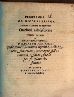 Programma, orationi valedictoriae Iuvenis alumni in Ciceronis sententiam: O magna vis veritatis ... praemissum