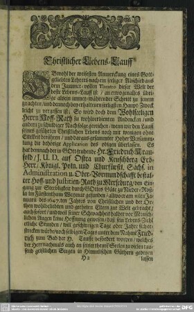 Lebenslauf : Christlicher Lebens-Lauff