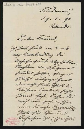 Brief an Philipp Spitta : 19.01.1892