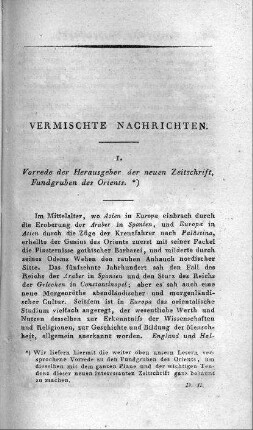 Vorrede der Herausgeber der neuen Zeitschrift, Fundgruben des Orients