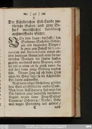 X. Der Käyserlichen Erb-Lande natürliche Gaben, und zum Behuff menschlicher Subsistentz außwerffende Güter.