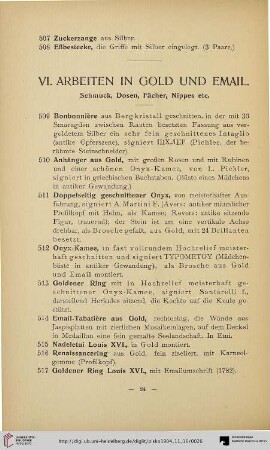 VI. Arbeiten in Gold und Email: Schmuck, Dosen, Fächer, Nippes etc. (Nr. 509-557)