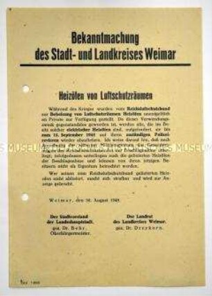 Bekanntmachung des Stadt- und Landkreises Weimar zur Abgabe von Heizöfen und der Beschlagnahmung des Gesamtvermögens des Reichsluftschutzbundes