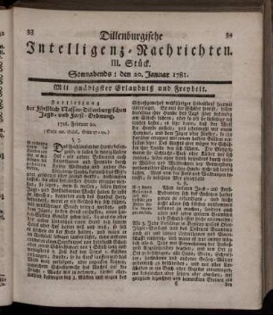 III. Stück. Sonnabends: den 20. Januar 1781.