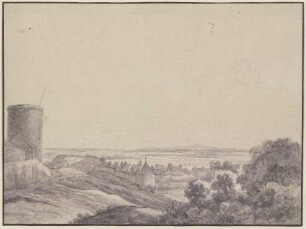 Landschaft, links ein Turm, einige Mauern und Häuser, rechts Gebüsch, Fernsicht