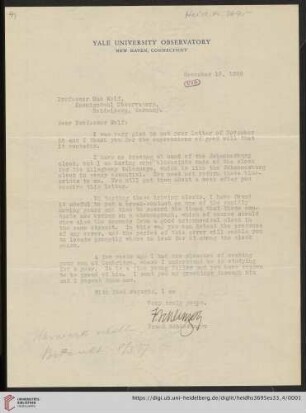 Briefe von Frank Schlesinger an Max Wolf: Brief von Frank Schlesinger von Yale University. Observatory an Max Wolf